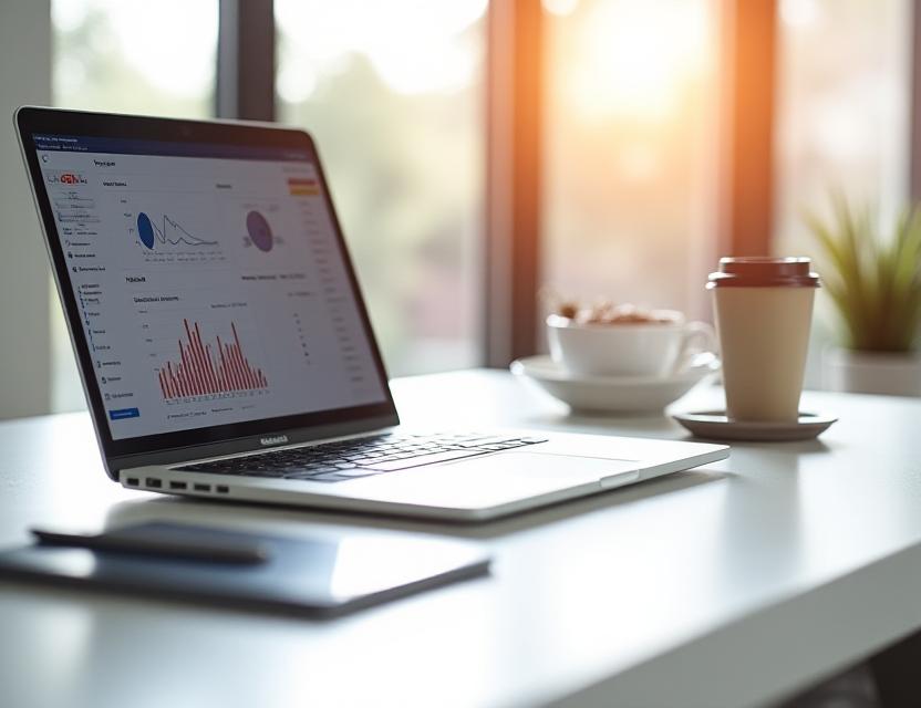 A clean modern desk with organized tools and a digital interface